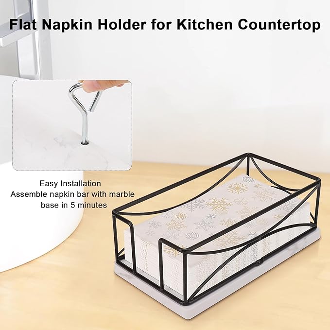 Livabber Guest Napkin Holder, Metal Bathroom Paper Hand Towel Storage Modern Napkin Tray Caddy for Countertop, Table Kitchen, Dinning Room (Black, Marble Base)
