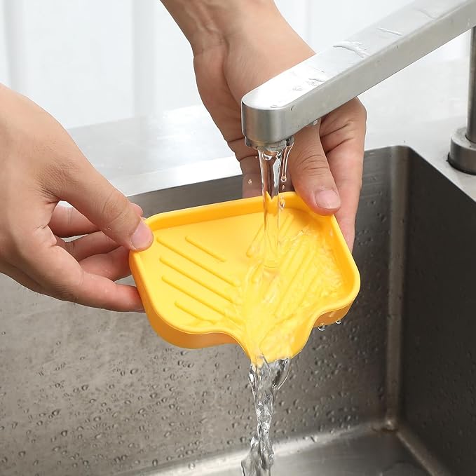 MicoYang Silicone Soap Dish with Drain Spout, Self-Draining Sink Organizer Tray for Bathroom and Kitchen, Sponges, Dispensers and Soap Holder, Non-Slip & Dishwasher Safe, Yellow (Compact, 4.9"×3.2")
