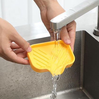 MicoYang Silicone Soap Dish with Drain Spout, Self-Draining Sink Organizer Tray for Bathroom and Kitchen, Sponges, Dispensers and Soap Holder, Non-Slip & Dishwasher Safe, Yellow (Compact, 4.9"×3.2")