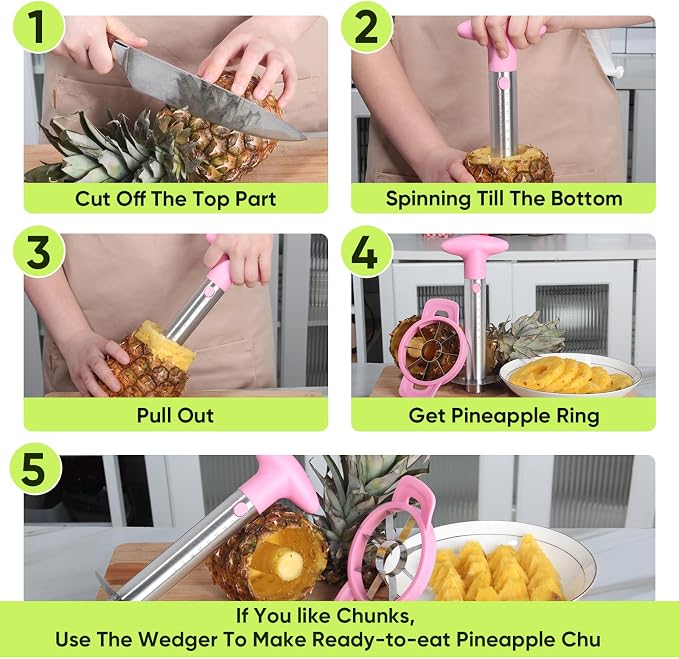 OOKUU Pineapple Corer, Stainless Steel Pineapple Peeler Slicer with Reinforced Thicker Blade, Measure Marked Core Remover, Pink