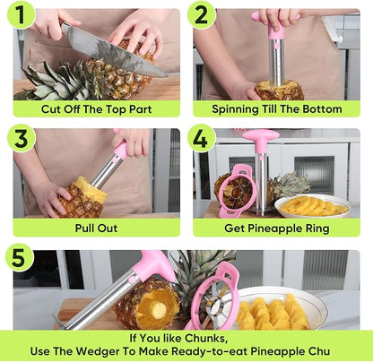 OOKUU Pineapple Corer, Stainless Steel Pineapple Peeler Slicer with Reinforced Thicker Blade, Measure Marked Core Remover, Pink