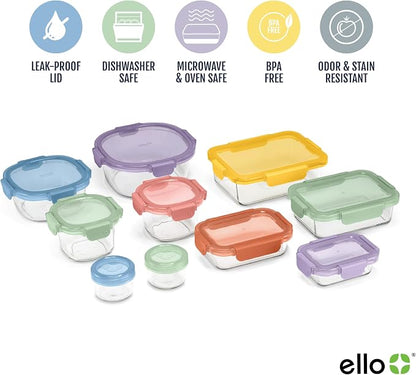 Ello Color Lock Glass Meal Prep Sets Leak-Proof Glass Food Storage Containers with Airtight BPA-Free Plastic Lids, Dishwasher, Microwave, and Freezer Safe
