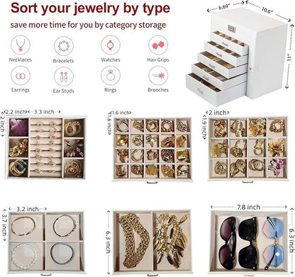 BOOVO Jewelry Box For women, 6 Layer Large Jewelry Organizer With Mirror, Multi-Function Storage Box With Lock, Necklace Holder With 5 Drawers, For Earrings Necklace Bracelet (Silver and White)