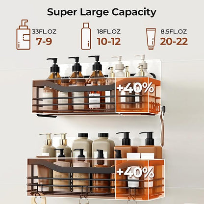 Orimade Adhesive Shower Caddy Shelf with 5 Hooks Organizer Storage Rack Rust Resistant Wall Mounted Stainless Steel No Drilling for Bathroom, Toilet, Kitchen - 2 Pack,Black