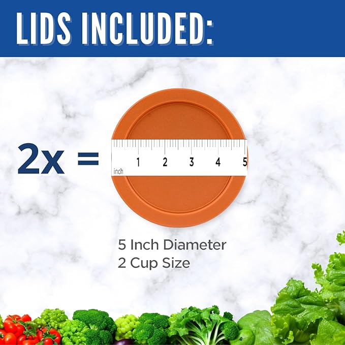 Replacement Lids fits Pyrex 2-Cup Glass Food Storage Container Bowls, 5-Inch Plastic Round Lids Covers for Pyrex 7200-PC, Airtight & Leakproof (2-Pack, Orange)