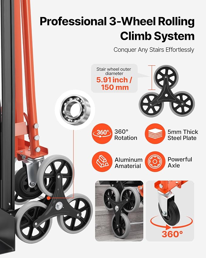 VEVOR 3 in 1 Industrial Convertible Stair Climbing Cart, 770 lbs Max Load, Folding Hand Truck Dolly with Handle & Wheels, Stair Climbing Utility Trolley for Transport & Moving, Orange & Silver