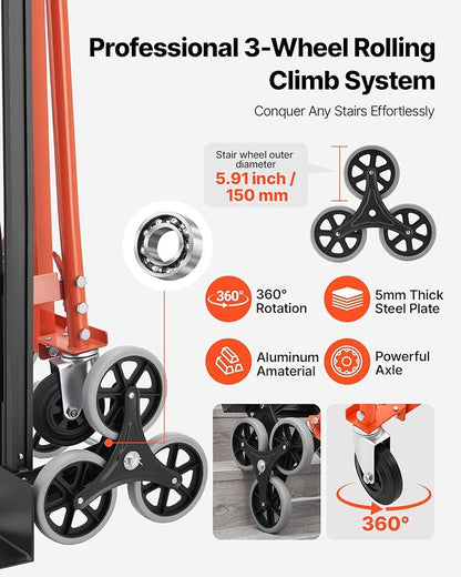VEVOR 3 in 1 Industrial Convertible Stair Climbing Cart, 770 lbs Max Load, Folding Hand Truck Dolly with Handle & Wheels, Stair Climbing Utility Trolley for Transport & Moving, Orange & Silver