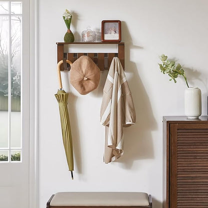 YMYNY Coat Rack Wall Mount with Shelf, Wall Shelf with Retractable Hooks, Wooden Wall Coat Rack for Entryway, Bedroom for Hanging Clothes/Coats/Keys/Hats/Towels/Bags, Walnut, HWS008H