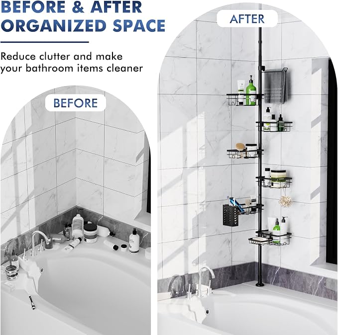 Shower Caddy Organizer Tension Pole, Rustproof 6-Pack Corner Shelf with 30-120 Inch Adjustable Shower Rack for Inside Shower, Extra Towel Bar & Soap Dish for Bathroom Organizers and Storage, Black