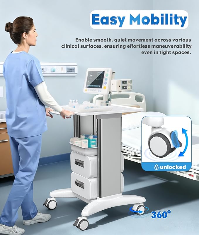 Medical Cart 3 Tiers, Lab Utility Cart with 2 Drawers & 1 Top Tray, ABS Mobile Medical Trolley Cart, Hospital Mobile Ultrasound Cart with 4 Silent Wheels for Dental Clinic, Beauty Salon, 220 LBS