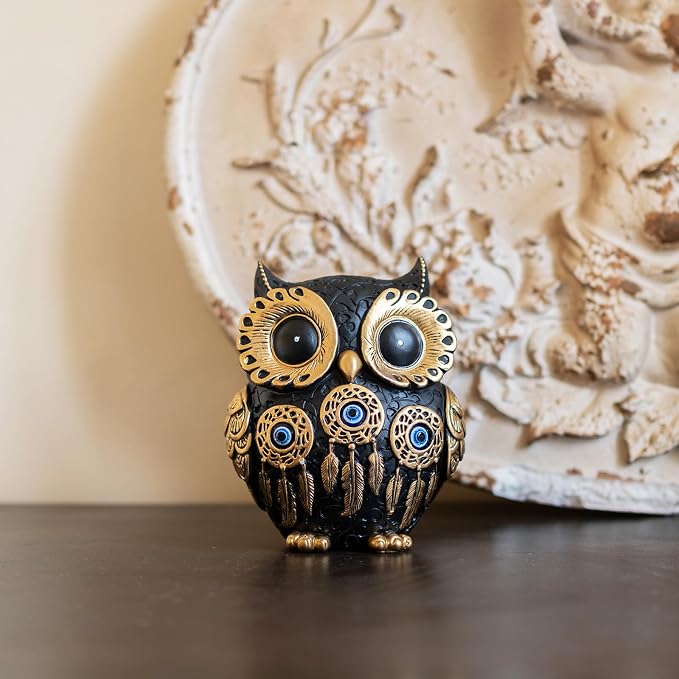 Vintage Black Owl Statue Home Decor - Evil Eye Accent for Bookshelf, Bedroom, Living Room, Office & Table. Cute Small Animal Sculpture Gift for Owl & Birds Lovers