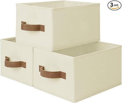 StorageWorks Storage Baskets for Shelves, Foldable Fabric Closet Storage Bins with PU Handles, Fabric Storage Bins Clothes Organizer, Ivory White, 3-Pack, Small