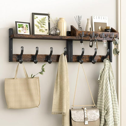 Evermagin 29" Coat Rack Wall Mount with Shelf, 4 in 1 Coat and Key Hanger with 11 Metal Hooks, Entryway Wall Mounted Shelf with Mail Holder for Living Room, Bedroom, Rustic Brown