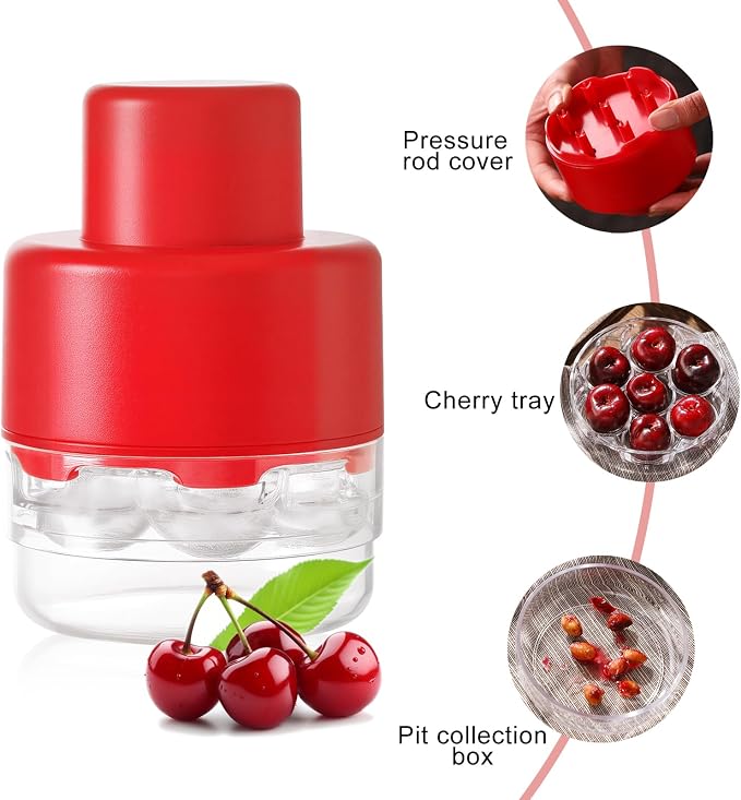 7-in-1 Cherry Pitter Tool Pit Remover, Portable Cherry Core Remover, Quick Release Multi Cherry Pitter Tool for Kitchen, Cake Shop, Fruit Salad (Bright-Red)