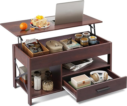 WLIVE Coffee Table, 39" Lift Top Coffee Table with Hidden Compartment, Storage Drawers and Storage Shelf for Living Room, Reception Room, Espresso