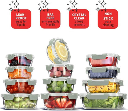 Nestl 24pc Glass Storage Containers with Lids, 12 Glass Food Storage Containers with 12 Airtight Lids for Pantry & Kitchen, Meal Prep Containers for Lunch, Oven Microwave & Dishwasher Safe, Sage Green