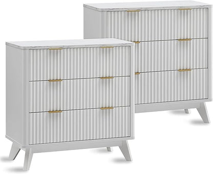 T4TREAM Fluted 3 Drawers Nightstand Set of 2, Oversized Extra Large Modern Side Table with Faux Marble Top, End Table Bedside for Bedroom, Living Room, Curved Profile Design, Solid White