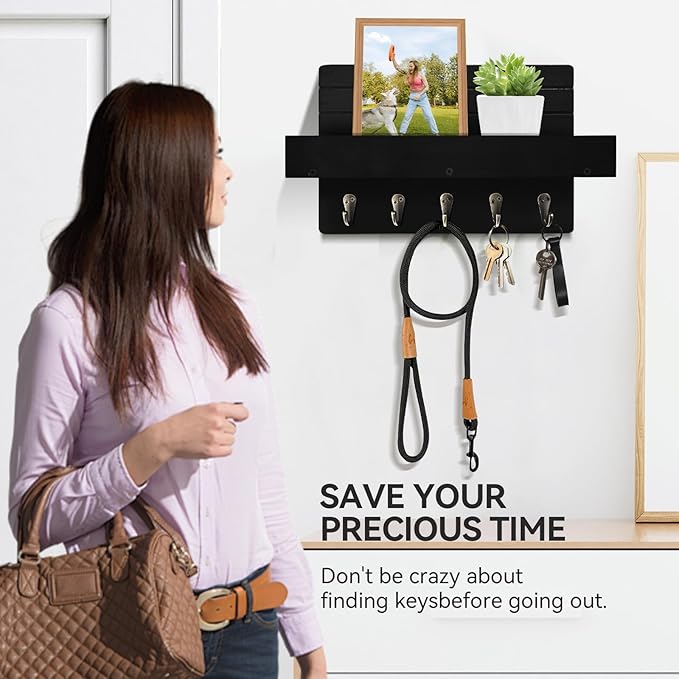 Key Holder Wall Mount, Rustic Key Hooks for Wall with Shelf for Mail Organizer, Entryway Decorative Key Rack with 5 Sturdy Hooks for Hanging Keys, Dog Leash, Sunglasses Wooden Key Hanger
