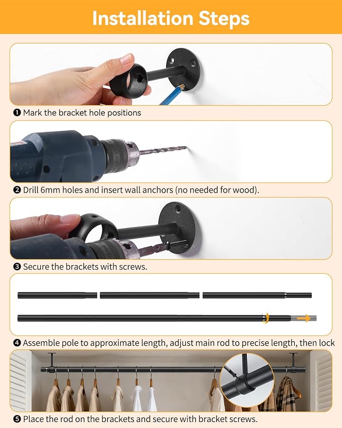 Closet Rods for Hanging Clothes, 17 to 84 Inches Ceiling/Wall Mounted Stepless Adjustable Closet Hanging Rod, 1.3 Inch Heavy Duty Hanging Clothes Rod for Closet Wardrobe Laundry RV (Black)