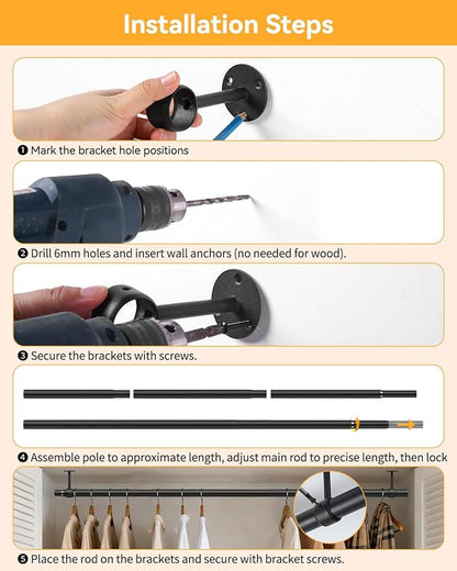 Closet Rods for Hanging Clothes, 17 to 28 Inches Ceiling/Wall Mounted Stepless Adjustable Closet Hanging Rod, 1.3 Inch Heavy Duty Hanging Clothes Rod for Closet Wardrobe Laundry RV (Black)