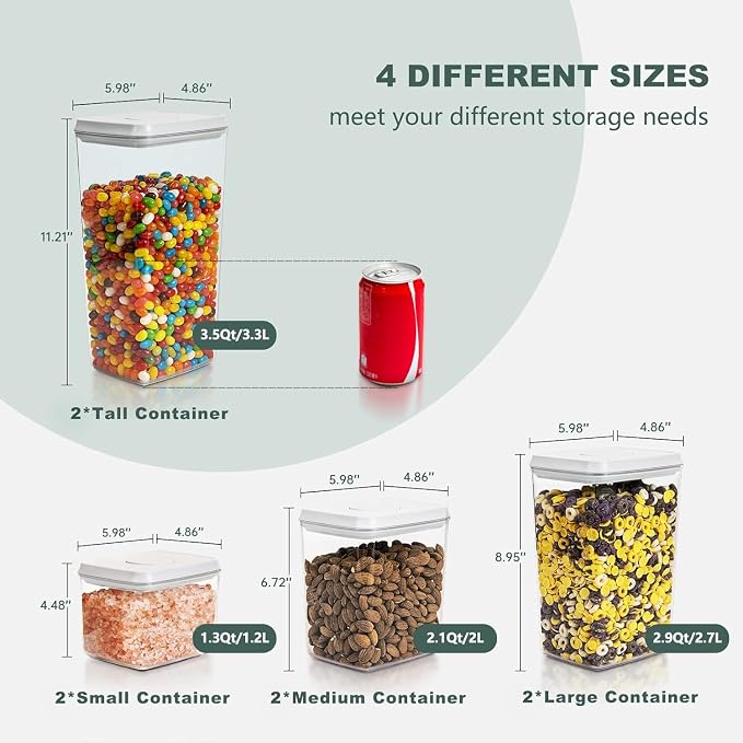 8 Pack Airtight Food Storage Containers with Lids, Pop Top Pantry Organizer Set, BPA-Free Clear Stackable Kitchen Containers with Measurement Marks for Cereal, Flour, Sugar, Pasta, Snacks