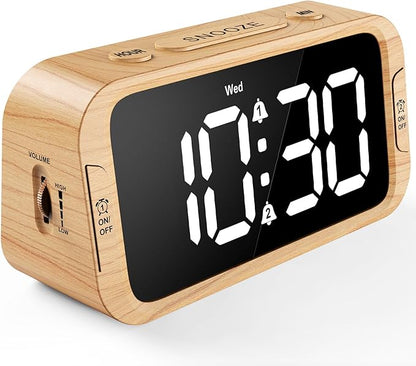 Digital Dual Alarm Clock for Bedroom, 0-100% Dimmer, Weekday/Weekend Mode, Easy to Set, USB Charger, Adjustable Alarm Volume with 5 Alarm Sounds, Snooze, 12/24Hr, Battery Backup (Wood Grain)