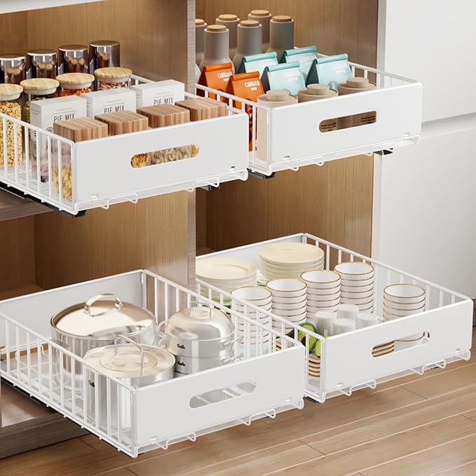 MUSTORN 2 Pack Pull Out Cabinet Organizer, Slide Out Cabinet Drawers Peel and Stick Pull Out Drawers Heavy Duty Pull Out Shelf for Kitchen, Cupboard, Pantry, Bathroom (16.5" D*11.8" W*3.94" H-White)