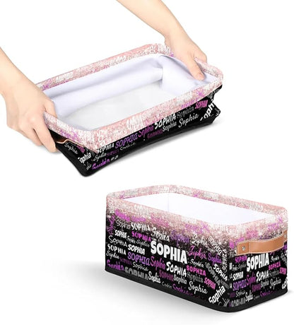 Custom Storage Baskets for Decor with Name, Small Organizer Collapsible Storage Bin with Leather Handle, Toilet Tank, Towel Storage, Entryway, light Pink Bling Bling with Black