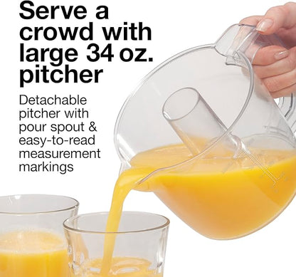 Proctor Silex Electric Citrus Juicer Machine, Large 34 oz. Pitcher, Pressure Activated, 2 Reamers for Big and Small Fruit, Pulp Control, for Orange, Lemon, Grapefruit Juice, White & Green (66340)