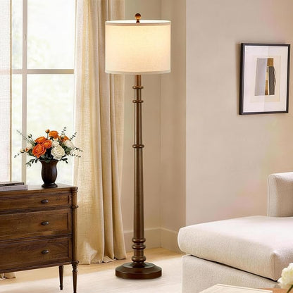 Floor Lamps for Living Room - 60" Wood Farmhouse Floor Lamp with Adjustable Color Temperatures - Vintage Standing Lamp Reading Light with Linen Shade Rustic Tall Lamp for Bedroom Office, Walnut