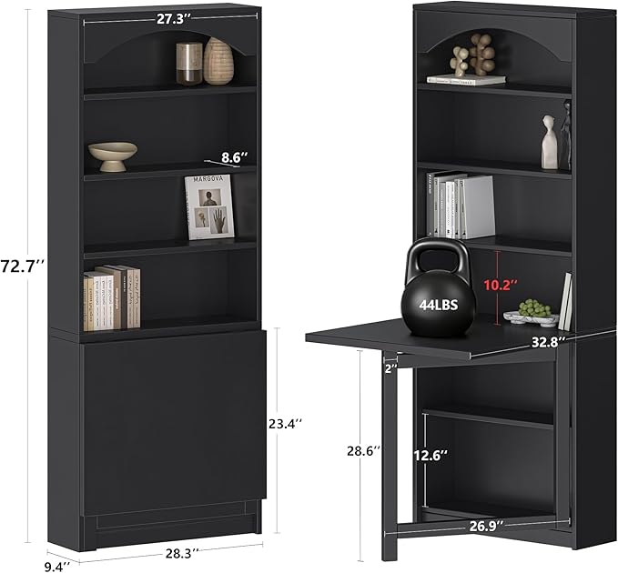 6-Tier Bookshelf with Folding Table, 72.8” Tall Open Storage Bookcase, Large Storage Capacity, Modern Display Shelf for Home Office, Living Room, Bedroom, Black