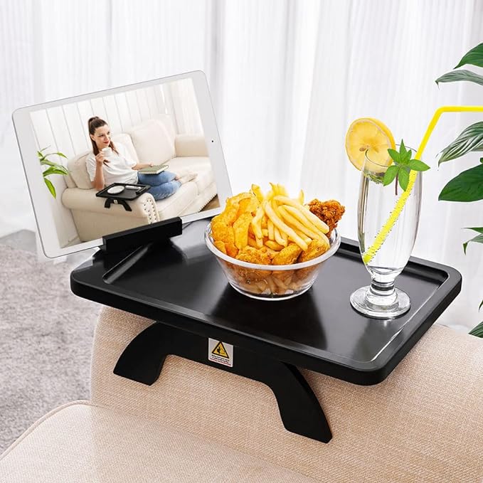 SINWANT Couch Arm Table, Bamboo Sofa Clip On Side Table Tray,Foldable Sofa Arm Tray with 360° Phone Holder for Eating Drinking Snacks Remote on Couch Armrest