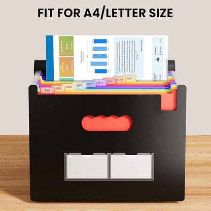 Sooez Accordion File Organizer, 13 Pockets Expanding File Folders, Portable Monthly Paper Bill Tax Receipt Organizer, Letter A4 Size Document Holder with Blank Labels