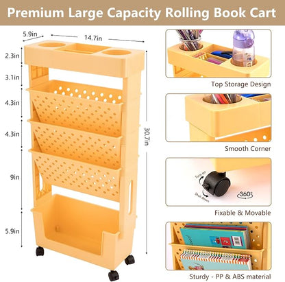 Yellow Rolling Office Paper Organizer, Mobile Book Cart Document Folder File Storage with Pen Holder, Slim Rolling Storage Cart Movable Bookshelf for Office, Dorm, Classroom, Nursery