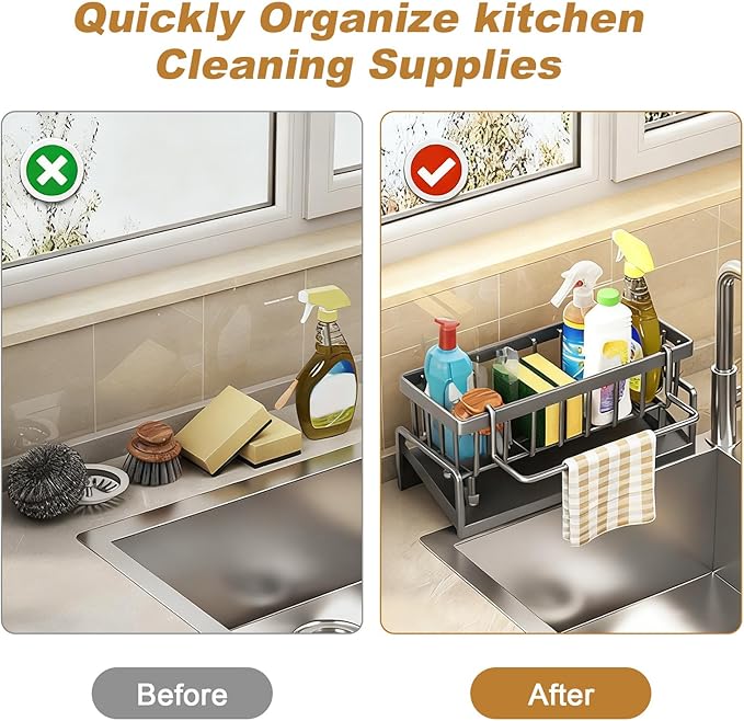 Kitchen Sink Caddy Sponge Holder, Stainless Steel Sink Organizer Rack for Kitchen, Self-Draining Sponge Caddy, Home Sink Accessories for Steel Wool Scrubber,Soap,Dish Brush,Scrubber
