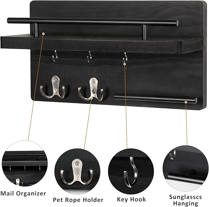 OurWarm Key Holder for Wall Decorative with 5 Key Hooks, Wall Mounted Key Hangers for Wall with Mail Key Rack, Wooden Mail Organizer with Shelf