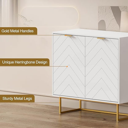 Scurrty Sideboard Buffet, Storage Cabinet with Golden Legs, White Sideboard Storage Cabinet with 2 Doors and Adjustable Shelf, Accent Cabinet for Living Room, Kitchen