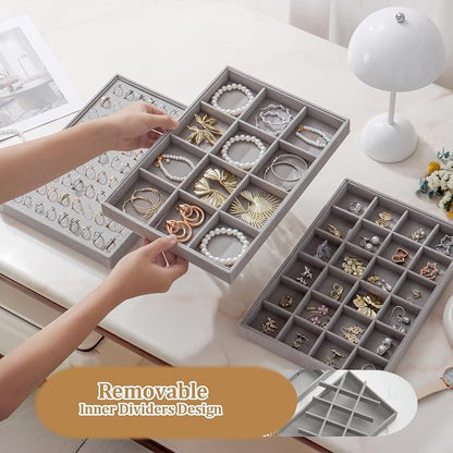 Large Velvet Jewelry Tray 2 Pack Stackable Jewelry Display Drawer Inserts Trays Organizer for Earring Bracelet Necklace Ring (Gray, 12 Grids)