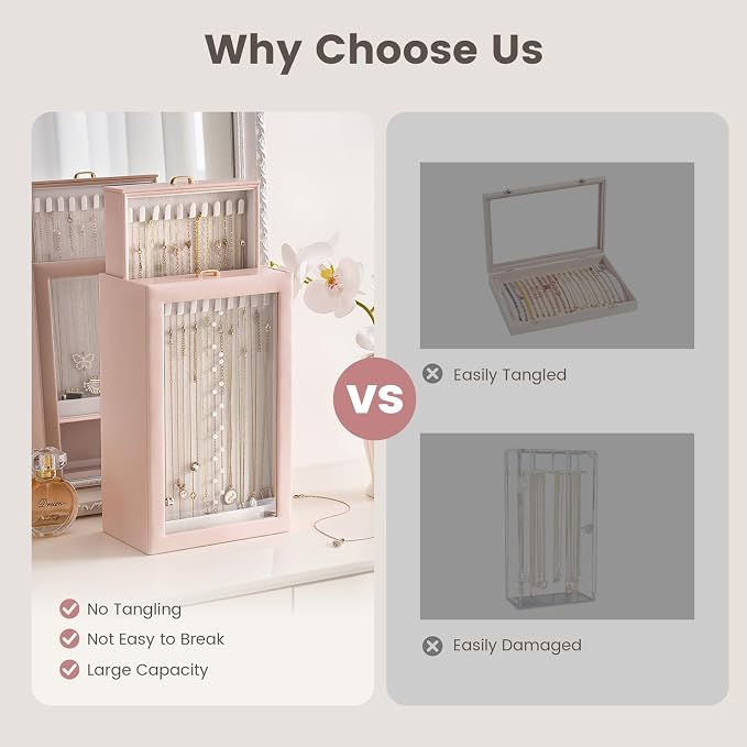 Lolalet Upgraded Double-Sided Hanging Necklace Organizer Box, Jewelry Display Case with Double-Sided Clear Window for Necklaces Bracelets, Tangle-Free Necklace Storage Box, Pink, 2-Layer 40 Hooks