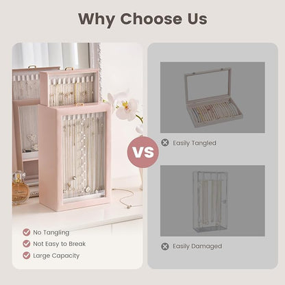 Lolalet Upgraded Double-Sided Hanging Necklace Organizer Box, Jewelry Display Case with Double-Sided Clear Window for Necklaces Bracelets, Tangle-Free Necklace Storage Box, Pink, 2-Layer 40 Hooks