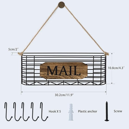 SRIWATANA Mail Holder, Rustic Mail Organizer Wall Mount Hanging Mail Sorter Letter Basket with 5 Key Holder for Wall, Large, Carbonized Black