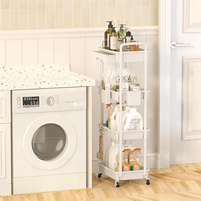 LLMRR 4 Tier Rolling Utility Cart with Drawer, Plastic Storage Organizer Rolling Carts with Wheels Handles Hanging Cups Hooks for Office, Bathroom, Kitchen,Craft Art Room (White)