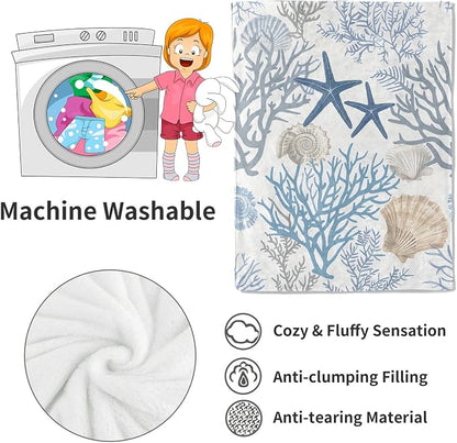 Nautical Coastal Blanket,Ocean Beach Seashell Starfish Throw Blankets,Gifts for Kids & Marine Life Lovers,Lightweight Soft Fleece,for Picnic Sofa Couch Bed Room Travel,Birthday Decor,50x60in