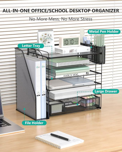 WALI Desk File Organizer, 6 Tier Desktop Paper Letter Tray Organizer with Drawer and 2 Pen Holders, Office Desk Accessories & Workspace Organizers for Office, Home Supplies(DO007DH-B), 1 Pack, Black