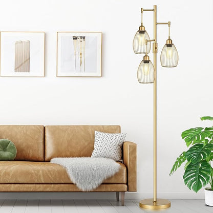 Dimmable Floor Lamp, Industrial Floor Lamps for Living Room, Gold Tree Lamp Standing Lamp Tall Lamps with 3 Elegant Teardrop Cage Head & 800 Lumens LED Bulbs for Living room Bedroom Office Dining Room