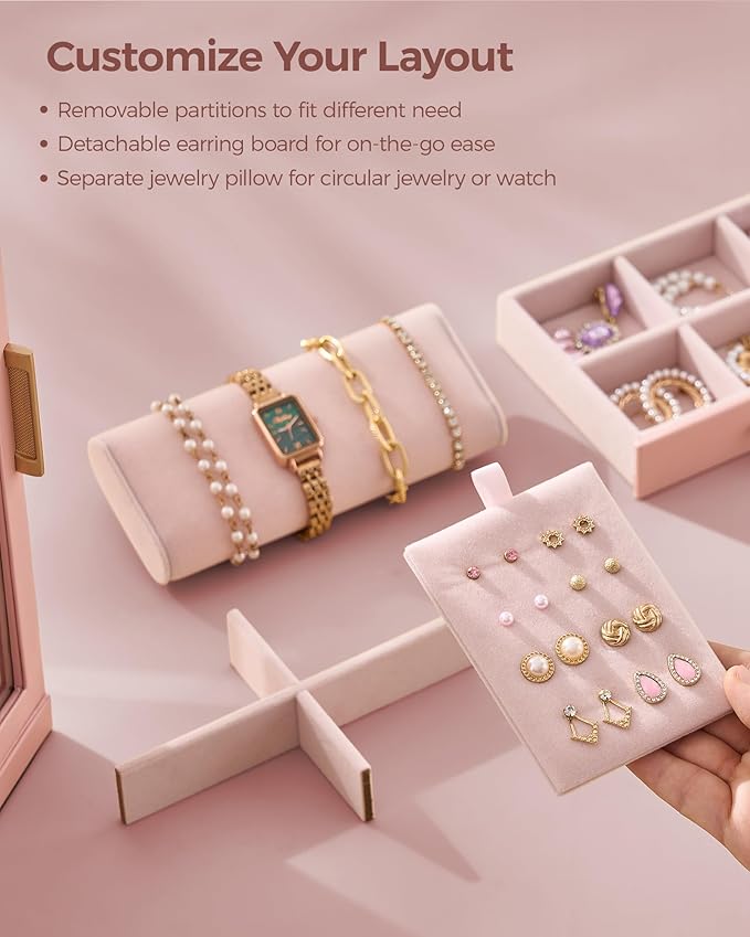 360° Rotating Jewelry Box with 7 Drawers, Spacious Vertical Jewelry Organizer with Glass Window, Jewelry Storage Case, Dustproof & Moisture-resistant Design, Pink