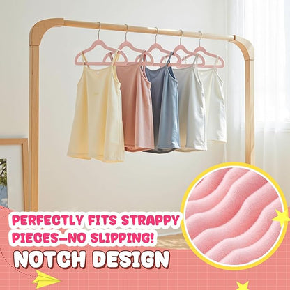 Korpai 50 Pack Kids Velvet Hangers 14 Inch, Non-Slip, Ultra Slim,Space-Saving Kids Hangers with 360° Swivel Hook, 7LBS Capacity, Kids Clothes Hangers Ideal for Childrens' Dresses/Shirts/Coats,Pink