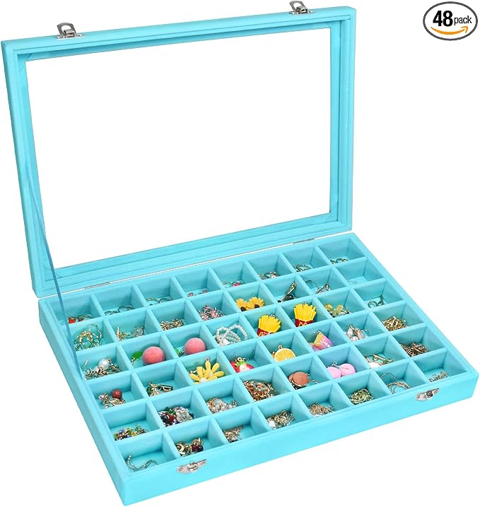 Vicoter Velvet Jewelry Tray 48 Compartments Jewelry Display Organizer with Transparent Cover Rings, Earrings, Necklaces, Pendants Storage Box for Girls, Wives, Mothers, Women
