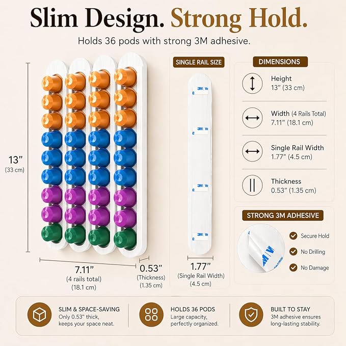 Bamboo Coffee Pod Holder, Adhesive Wall Mount (No Drilling) for Cabinet Door, 36-Capsule Storage (Set of 4) — Vertical/Horizontal — Compatible with Nespresso Original Line-White