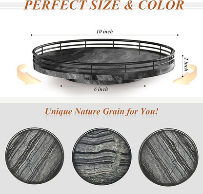 Marble Lazy Susan Turntable for Table Top – 10” Round Ancient Wood Grain Marble Tray Organizer for Dining Table, Kitchen Countertop & Bar, Luxury Stone Serving Tray with Black Iron Frame